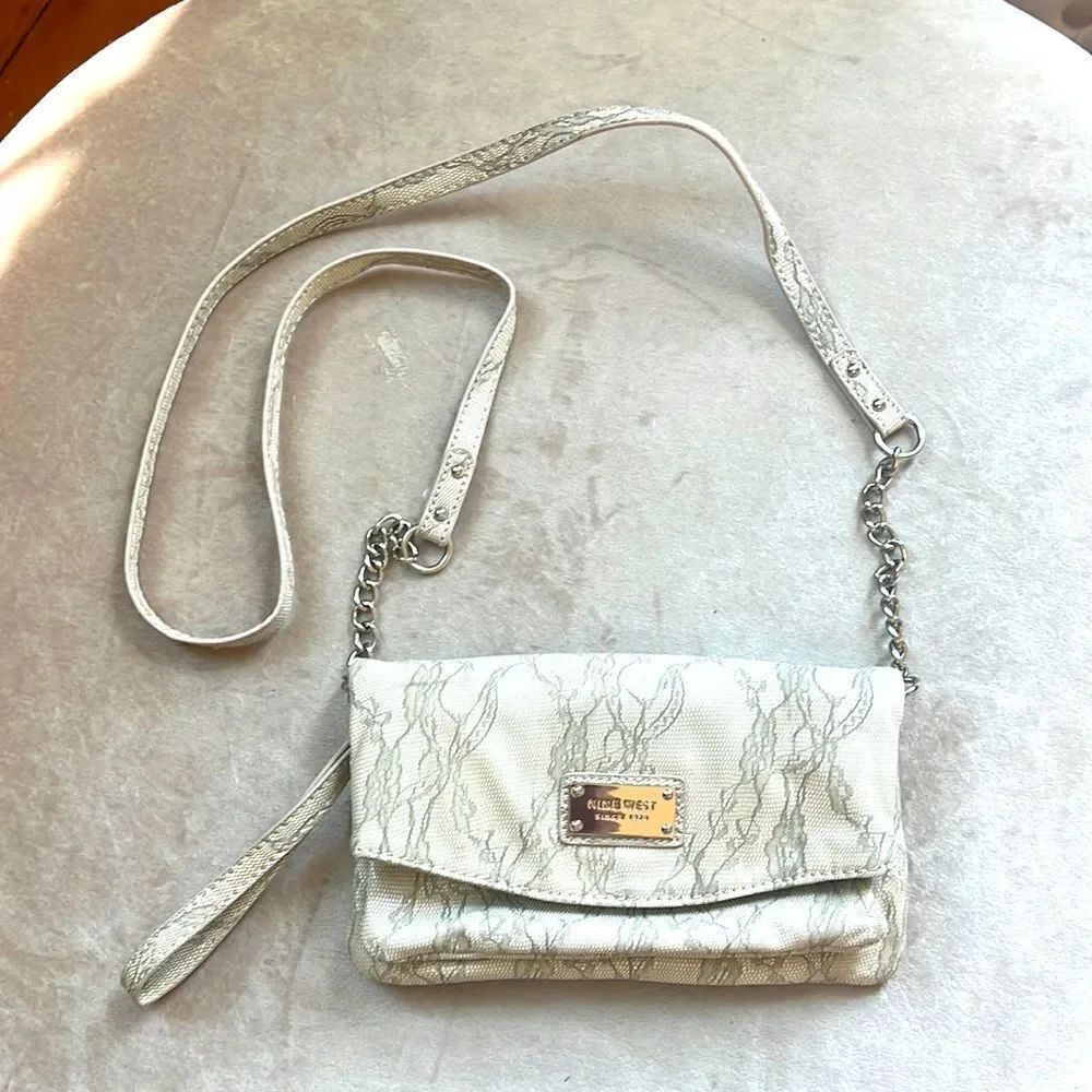*Nine West* Soft Ivory Taupe *Lace-Print* Convertible Crossbody Wristlet EUC
